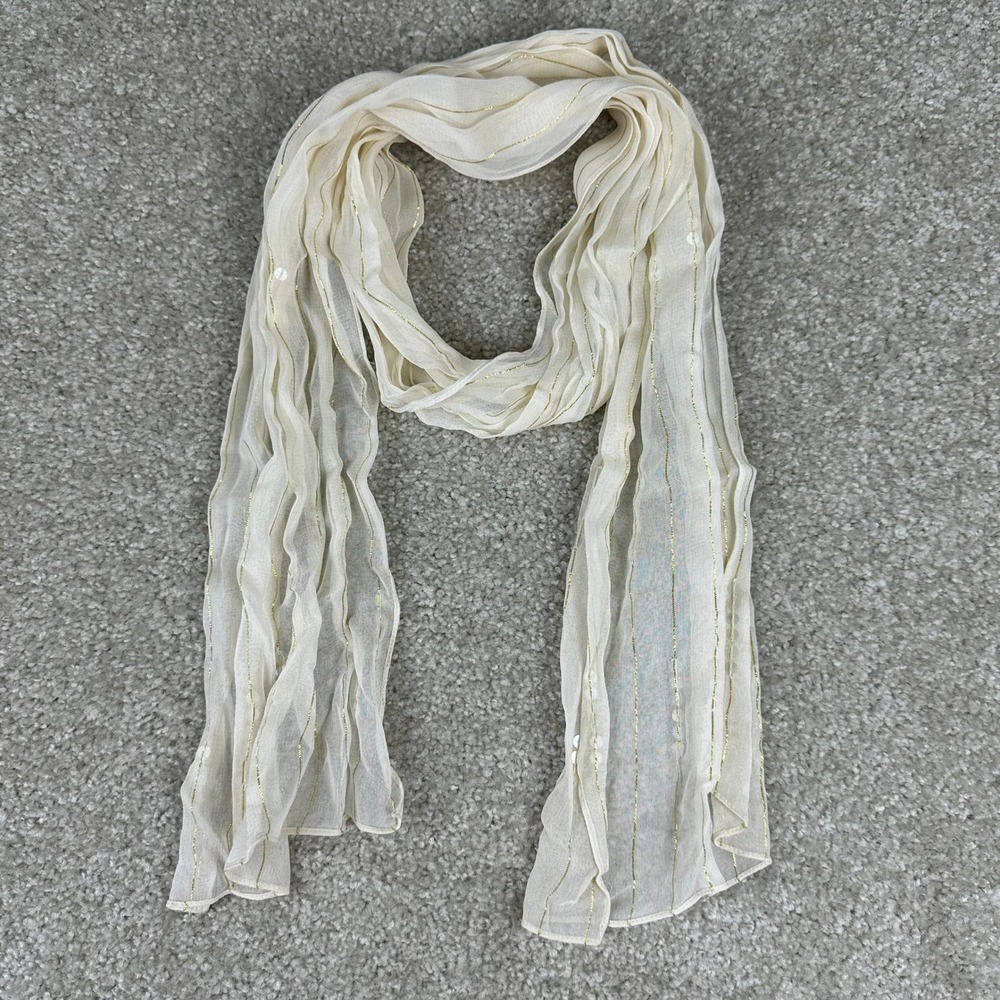 Cream Sheer Scarf Y2k Fairy Gold Metallic Stripe Sequin Boho Ethereal One Size